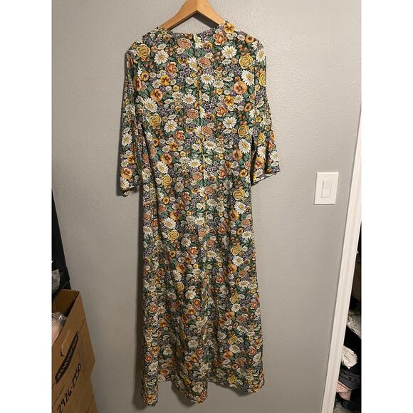 Vintage Tiffany Loungewear Dress Womens 15/16 Green Floral Lounge Caftan 70s - Picture 3 of 7